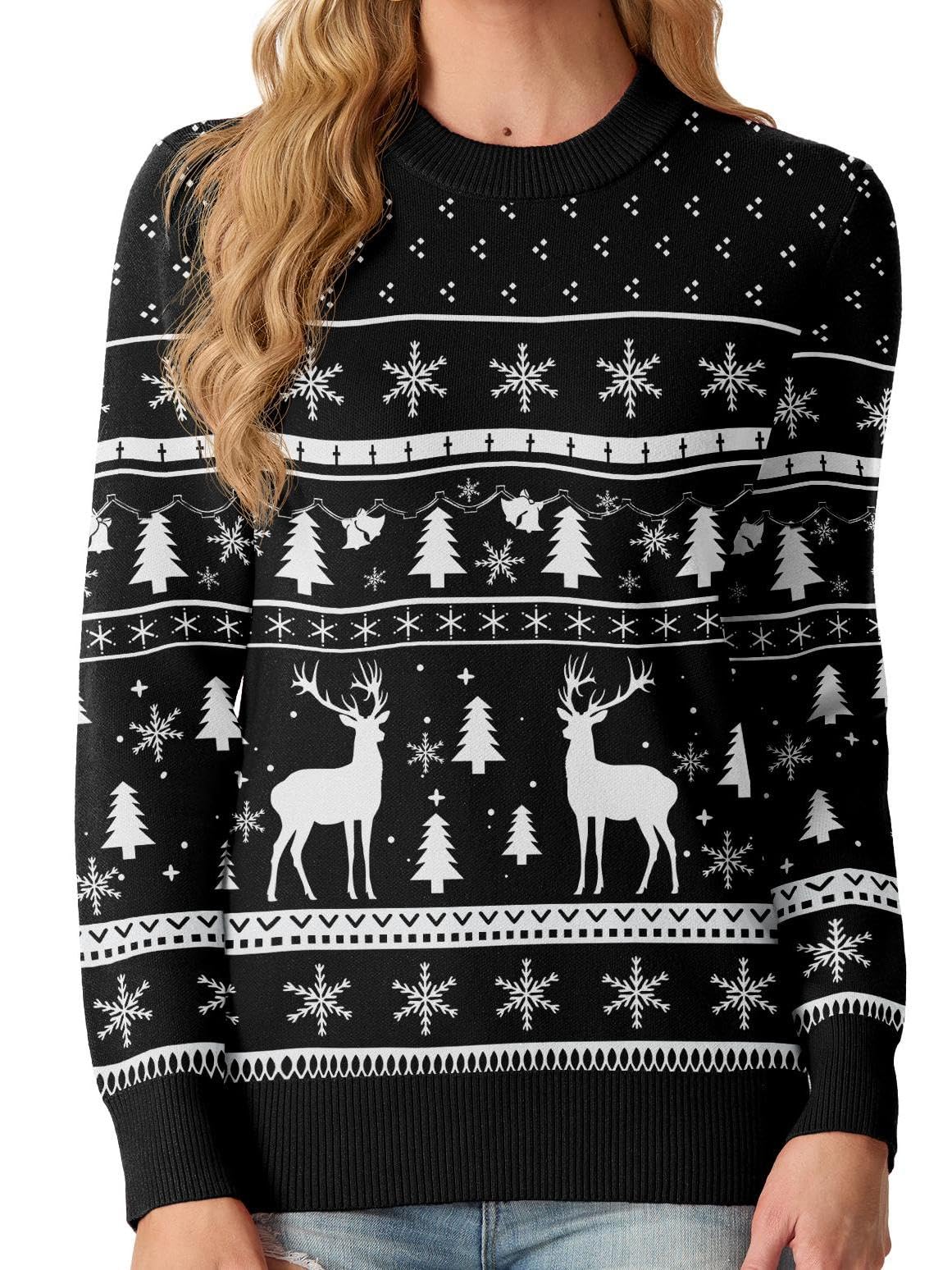 QIXING Women's Christmas Jumpers Funny Xmas Tree Reindeer Knit Long Sleeve Sweaters for Women UK Tops(Black Reindeer & Xmas Tree, S)