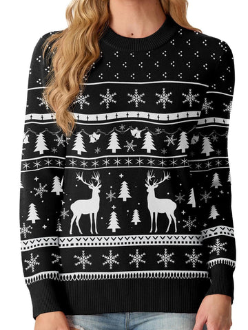 QIXING Women's Christmas Jumpers Funny Xmas Tree Reindeer Knit Long Sleeve Sweaters for Women UK Tops(Black Reindeer & Xmas Tree, S)