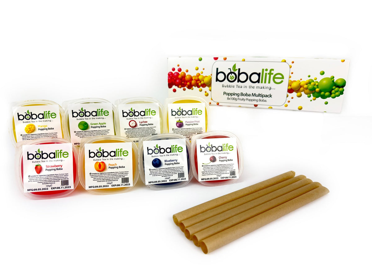 Bobalife - Popping Boba Multipack Gift Box | 8 x 100g Popping Boba Tubs (Various Flavours) Perfect for Bubble Tea, Iced Drinks, Cocktails, Slush & Desserts | Vegan & Glutenfree