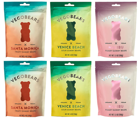 VegoBears Vegan Gummy Bears Variety Pack - Santa Monica, Venice Beach, & Malibu Organic Gummy Bears, Vegan Gummy Candy, Non-GMO, Vegan Snack, Organic Candy, Vegan Candy (6 Pack)