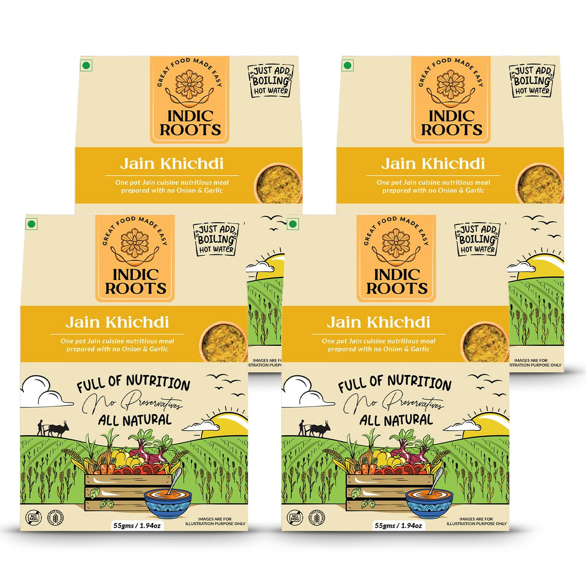 Indic Roots (Formerly Organic Roots) Jain Khichdi | Instant Nutritious Meal with No Onion or Garlic |Healthy Snacks,Ready to Eat Meal,No MSG,No Preservatives| Full Meal (Pack of 4)