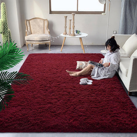 DweIke Fluffy Burgundy Red Rug Carpet for Bedroom Living Room, 4x6 Feet Area Rugs for Boys Kids Girls Bedroom Decor, Soft Shaggy Plush Cute Floor Rug for Baby Nursery, Non-Slip and Washable Rug