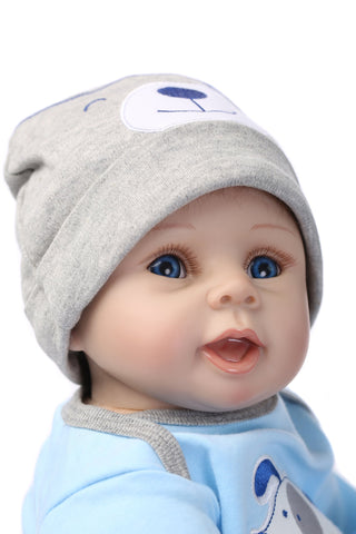 Reborn Baby Doll Soft Silicone Vinyl Baby Boy 22inch 55cm Mouth Cute boy Wearing Toy Blue Dog Cute Doll Gift Set for Ages 3+