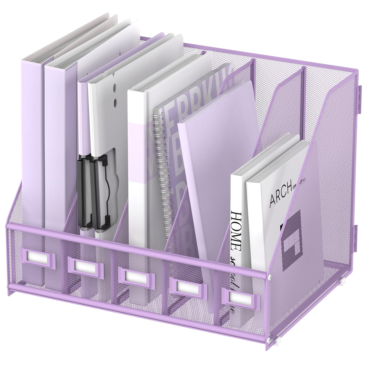 SUPEASY Desk Organizers Metal Desk Magazine File Holder with 5 Vertical Compartments Rack File Organizer for Office Desktop, Home Workspace, Purple