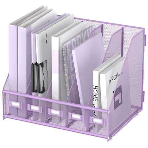 SUPEASY Desk Organizers Metal Desk Magazine File Holder with 5 Vertical Compartments Rack File Organizer for Office Desktop, Home Workspace, Purple