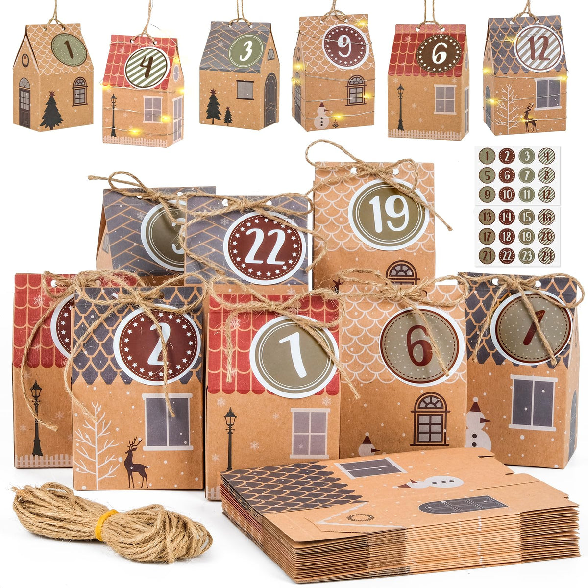 ARTESTAR Advent Calendar for Filling: 24 Houses Gift Box Set and Number Stickers, Christmas Motif, DIY Craft Set Boxes for Filling for Hanging or Standing