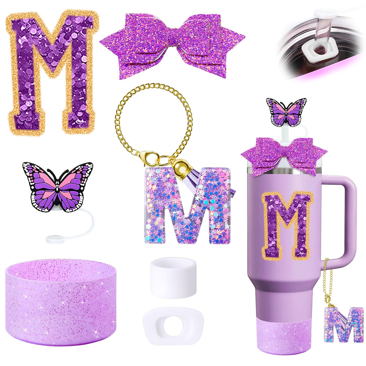 7Pcs Purple Stanley Cup Accessories Set for Stanley Cup 30&40 Oz Tumbler - Silicone Straw Cover Cap and Boot, Letter Charm for Handle, Spill Proof Stopper, Bow straw Decoration, Initial Sticker(M)
