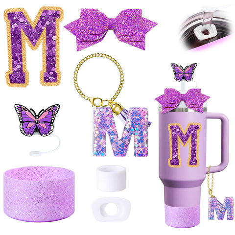 7Pcs Purple Stanley Cup Accessories Set for Stanley Cup 30&40 Oz Tumbler - Silicone Straw Cover Cap and Boot, Letter Charm for Handle, Spill Proof Stopper, Bow straw Decoration, Initial Sticker(M)