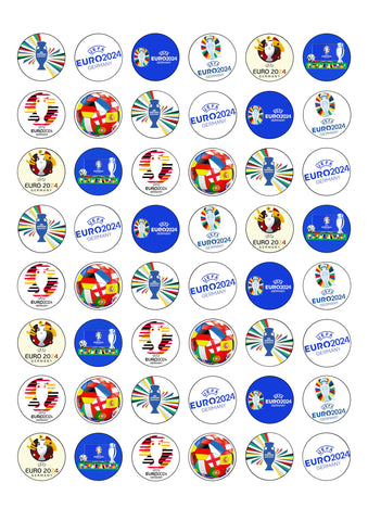 48 Football 2024 Euros Germany Themed Edible Wafer Paper Cake Toppers Decorations - 2.5cm circles