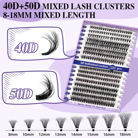 B&Q Lash Extensions Kit for Beginners 3D Eyelash Extension Kit 320pcs 40D+50D Lash Clusters Kit 8-18 Mixed Lash Kit Fluffy Individual Lashes Kit with Lash Bond Seal Remover?Q40D+Q50D-8-18MIX?