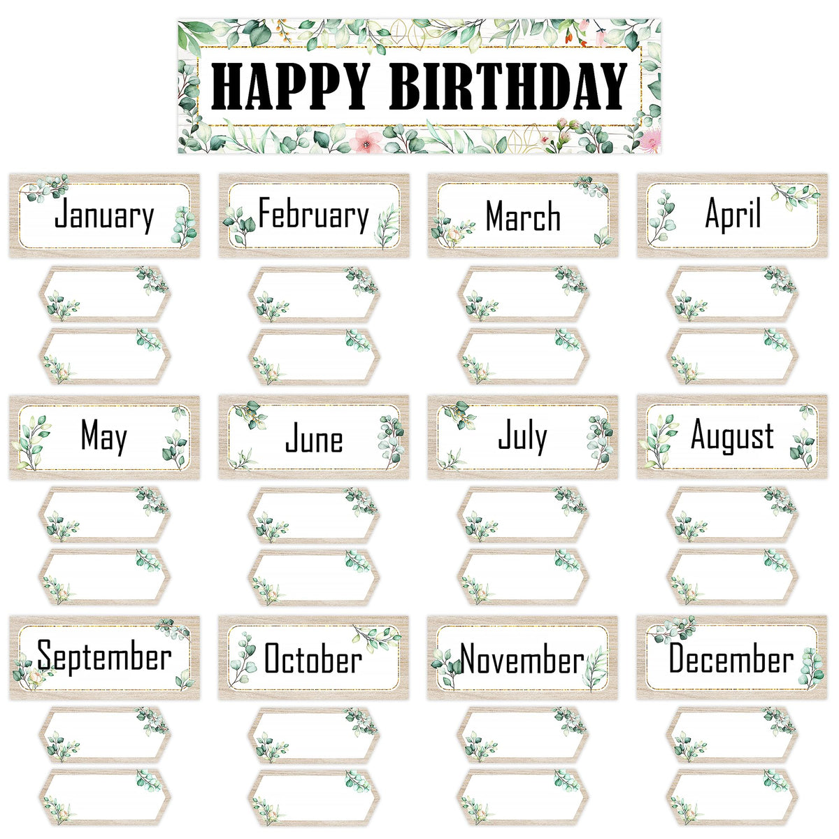 Lucleag 53 PCS Eucalyptus Birthday Cutouts for Bulletin Board Decorations, Classroom Happy Birthday Chart Name Plates Set for Wall Bulletin Board Decoration Back to School Supplies