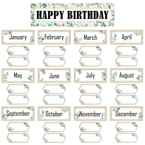 Lucleag 53 PCS Eucalyptus Birthday Cutouts for Bulletin Board Decorations, Classroom Happy Birthday Chart Name Plates Set for Wall Bulletin Board Decoration Back to School Supplies