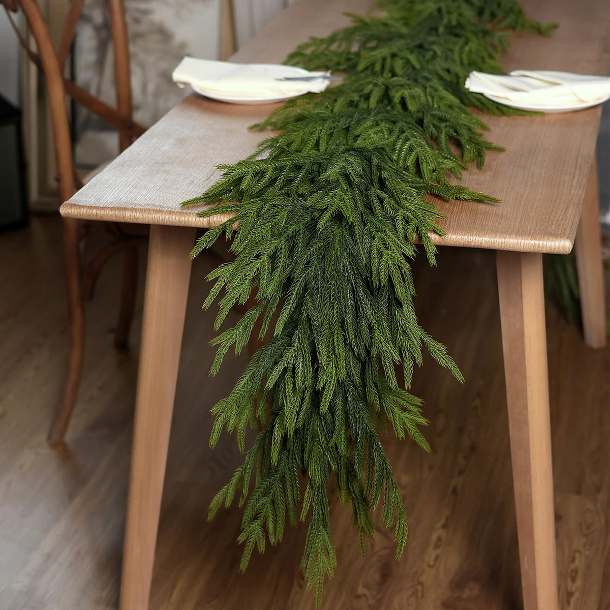 9 FT Real Touch Norfolk Pine Garland Green Artificial Christmas Garland Faux Greenery Garland for Holiday Fireplace Mantle Window Indoor Outdoor Decor (1 PCS)