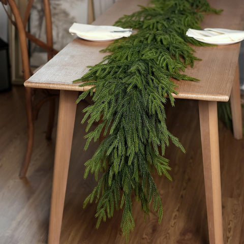 9 FT Real Touch Norfolk Pine Garland Green Artificial Christmas Garland Faux Greenery Garland for Holiday Fireplace Mantle Window Indoor Outdoor Decor (1 PCS)