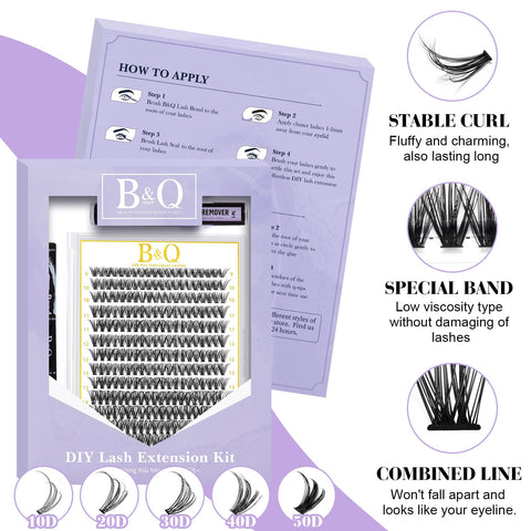 DIY Lash Extension Kit B&Q 280 PCS Individual, D 9-16MIX 30D 40D 50D Cluster Lashes Kit Lash Glue Remover (Kit-40D-D,9-16MIX)