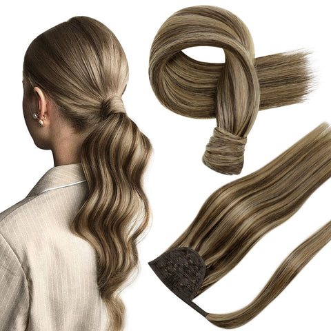 Hetto Brown Ponytail Extension Human Hair Wrap Around Ponytail Hair Extensions 4P27 Dark Brown Highlight Strawberry Blonde Ponytail Human Hair Piece 16 Inch 80g