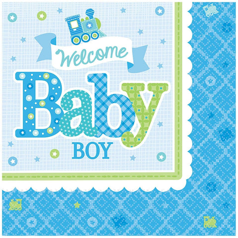 Amscan Charming Welcome Little One Boy Luncheon Napkins Baby Shower Party Supplies, 6-1/2 x 6-1/2", Blue/White/Green