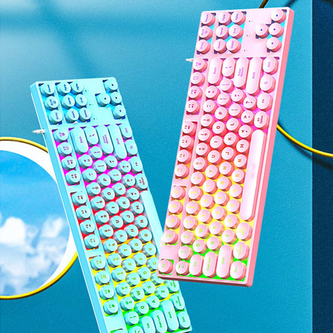 Mechanical Gaming Keyboard, USB Wired Punk Typewriter Style Light Up Keyboard, 87 Keys Round Keycaps Keyboard with Colorful Backlit, for Windows, Mac ()