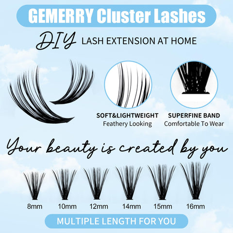 DIY Lash Extension Kit GEMERRY Eyelash Extension Kit Lash Clusters Kit with Lash Clusters 8-16mm Lash Bond and Seal and Lash Tweezers for Self Use at Home Cluster Eyelash Extension Kit