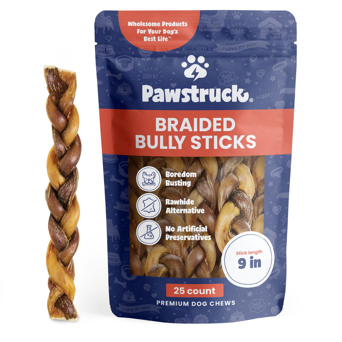 Pawstruck Natural 9ÃƒÆ’Ã‚Â¢ÃƒÂ¢Ã¢â‚¬Å¡Ã‚Â¬Ãƒâ€šÃ‚Â Braided Bully Sticks for Dogs - Tough Long Lasting, Rawhide Free, Low Odor, Healthy Single Ingredient Chew Treat for Aggressive Chewers - 25 Count - Packaging May Vary