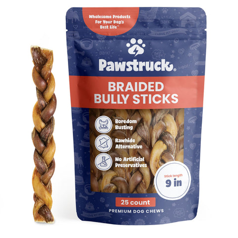 Pawstruck Natural 9ÃƒÆ’Ã‚Â¢ÃƒÂ¢Ã¢â‚¬Å¡Ã‚Â¬Ãƒâ€šÃ‚Â Braided Bully Sticks for Dogs - Tough Long Lasting, Rawhide Free, Low Odor, Healthy Single Ingredient Chew Treat for Aggressive Chewers - 25 Count - Packaging May Vary