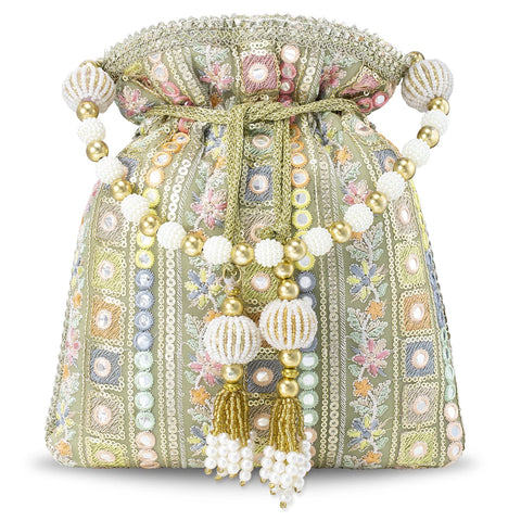 Aheli Indian Potli Bags for Women Evening Bag Clutch Ethnic Bride Purse with Drawstring (P53GRN)