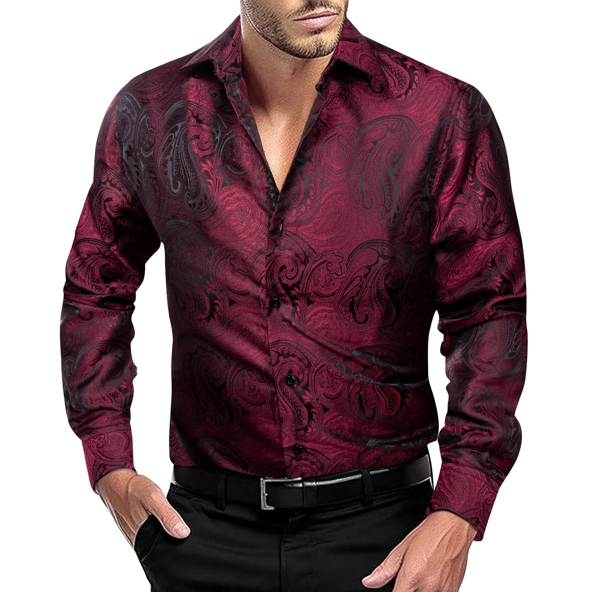 Dubulle Mens Long Sleeve Dress Shirt Floral Paisley Casual Button Down Shirts for Men Wedding Suit,Red Blacks,X-Large