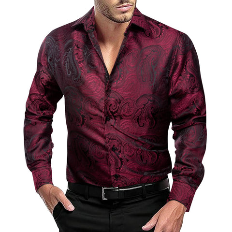 Dubulle Mens Long Sleeve Dress Shirt Floral Paisley Casual Button Down Shirts for Men Wedding Suit,Red Blacks,X-Large