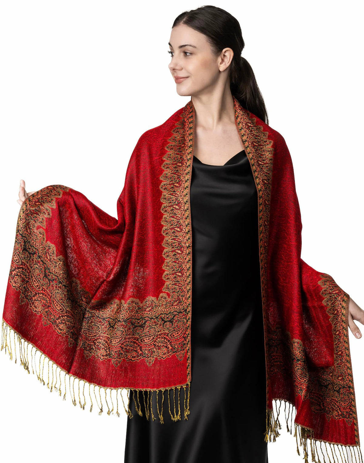Achillea Elegant Reversible Paisley Border Pashmina Shawl Wrap Scarf - red - 76"X28'