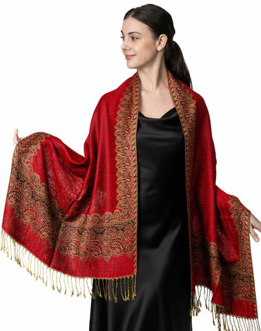 Achillea Elegant Reversible Paisley Border Pashmina Shawl Wrap Scarf - red - 76"X28'