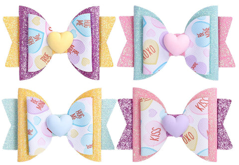 Whaline 4Pcs Valentine's Day Hair Bow Clips Colorful Candy Heart Hairgrips Glitter Leather Hair Barrettes Sparkly Alligator Hair Pins for Girls Toddlers Teens Wedding Birthday Party Hair Accessories