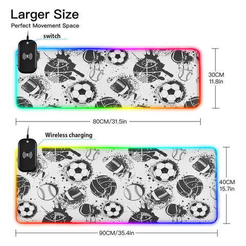 Football Sports Wireless Charging Mouse Pad for Mobile Phone Extra Large Gaming Mousepad with 13 Lighting Modes Keyboard Mat for Office Home Gaming MacBook PC Laptop Desk