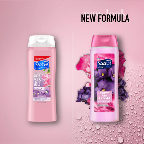 Suave Moisturizing Body Wash, with Sweet Pea Violet and Vitamin E Extract, No Parabens, No Phtahaltes, 18 Fl Oz (Pack of 6)