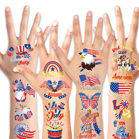 HOWAF 4th of July Silver Foil Gold Foil Temporary Tattoo, Independence Day Shine Metallic Tattoo Stickers for American July Fourth Party USA Patriotic Party Decorations, Red White Blue Face Tattoos