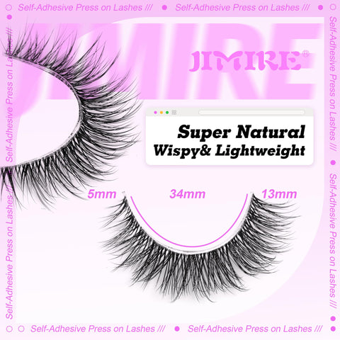 JIMIRE Self Adhesive Eyelashes Clear Pre-Glued Mink Lashes Fluffy Russian D Curl Strip Lashes Natural Look Like Eyelash Extensions Wispy Press-on Self- Adhesive Lashes 3 Pairs Pack