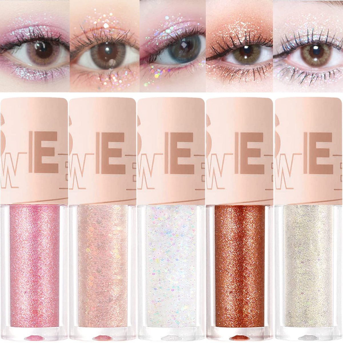 Jutqut Liquid Glitter Eyeshadow - 5 Colors Set, Translucent Shimmery & Sparkle Liquid Eyeliner, Create Shinny Glow Eye Makeup, Long Lasting, Quick-Drying, Subtle Shimmer Eye Shadow Stick