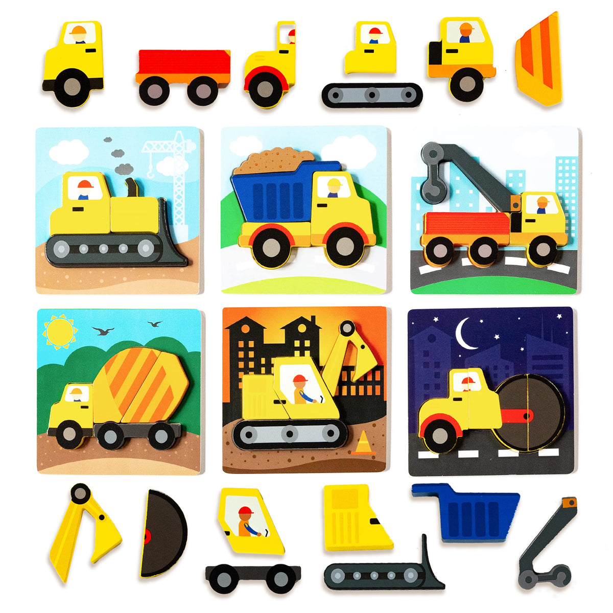 Klevly 6 PK Construction Wooden Toddler Puzzles Ages 2-4 | Wooden Puzzles for Toddlers 1-3 | Montessori Toys for 2 Year Old | Learning Toys for 2+ Year Olds | Educational Toys for 2 Year Old | STEM