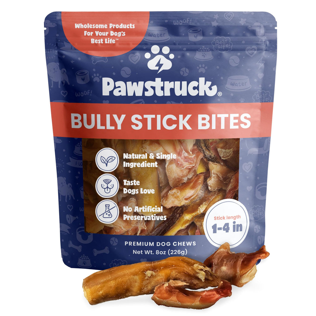 Pawstruck Natural 1-4" Bully Stick Bites for Small Dogs & Puppies - Single Ingredient Digestible Rawhide Free Alternative - High Protein Chew Treat Bones - 8 oz Bag - Packaging May Vary