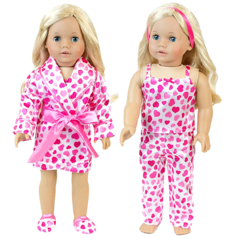 Sophia's 18" Doll 3 pc. Satin Heart Print Pajama Tank Top, Bottoms, Robe and Slippers