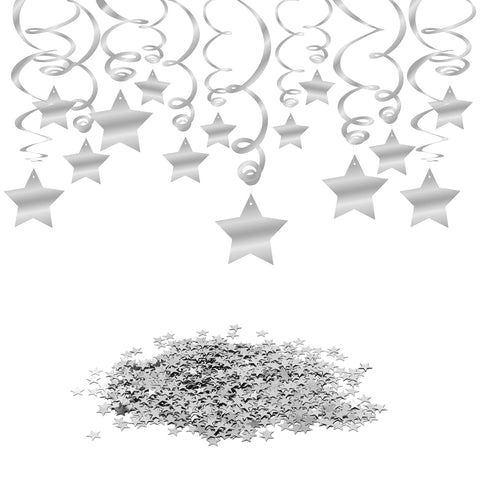 Konsait Hanging Swirl Silver Decorations(30 Counts) Silver Star Table Confetti(15 Gram), Silver Hanging Party Supplies for Wedding Shower Birthday Party Table Decor Twinkle Twinkle Baby Shower