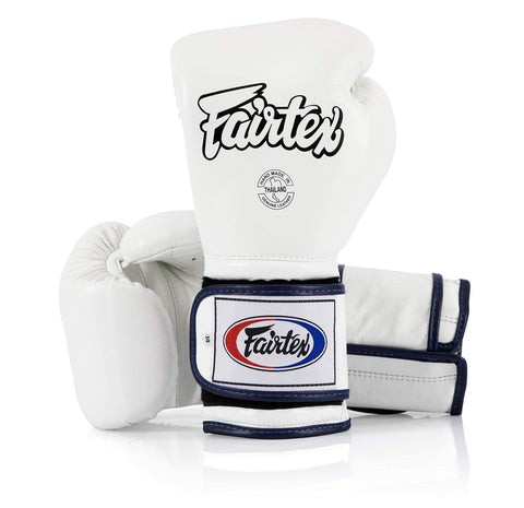 Fairtex Muay Thai Boxing Gloves BGV9 - Heavy Hitter Mexican Style Training & Sparring Gloves for Kick Boxing MMA K42 (White/Blue Piping, 12 oz)