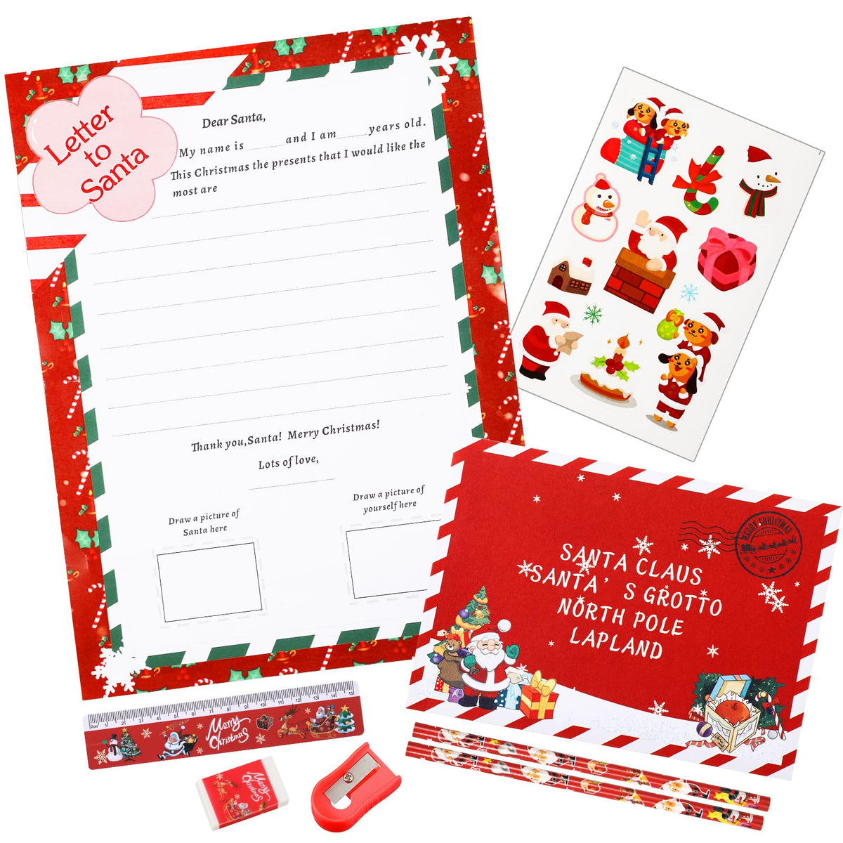 Clabby 4 Pcs Letter to Santa Kit Father Christmas Writing Set Includes Envelopes, Sticker Sheet, Dear Santa Letter and Stationery Supplies for Kids