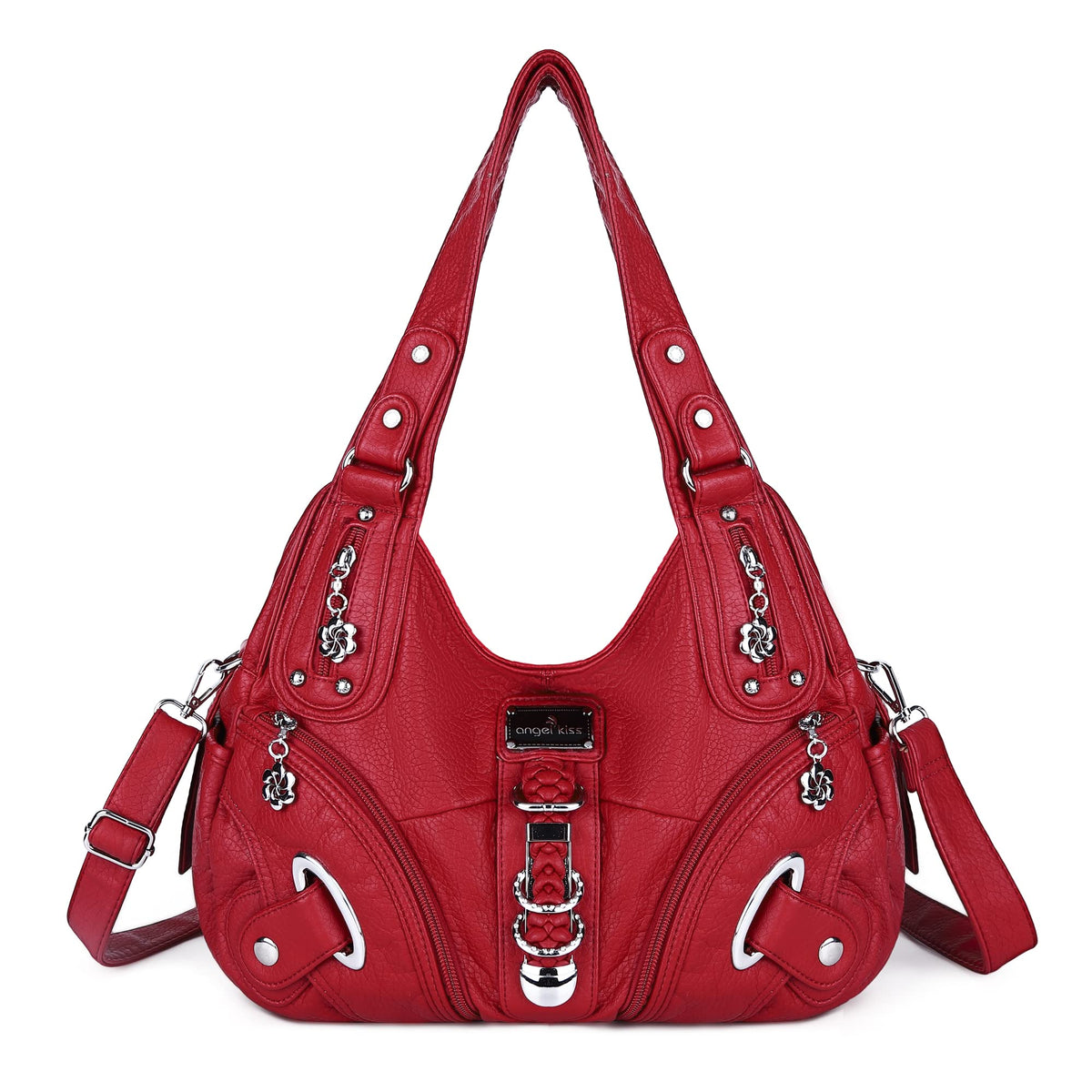 Angelkiss Women Multiple Pockets Purses and Handbags Washed Leather, Two Top Zippers Closure, Red