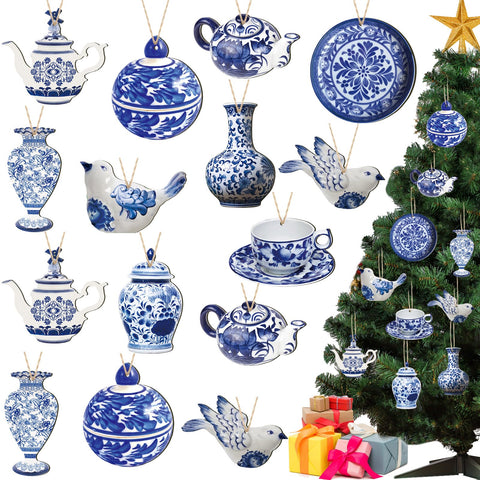 40 Pieces Christmas Chinoiserie Ornaments Blue and White Porcelain Christmas Wooden Ornaments Hanging Chinoiserie Christmas Ornaments Ginger Jar Ornaments Teapot Bird Cup Porcelain Ornament (Classic)