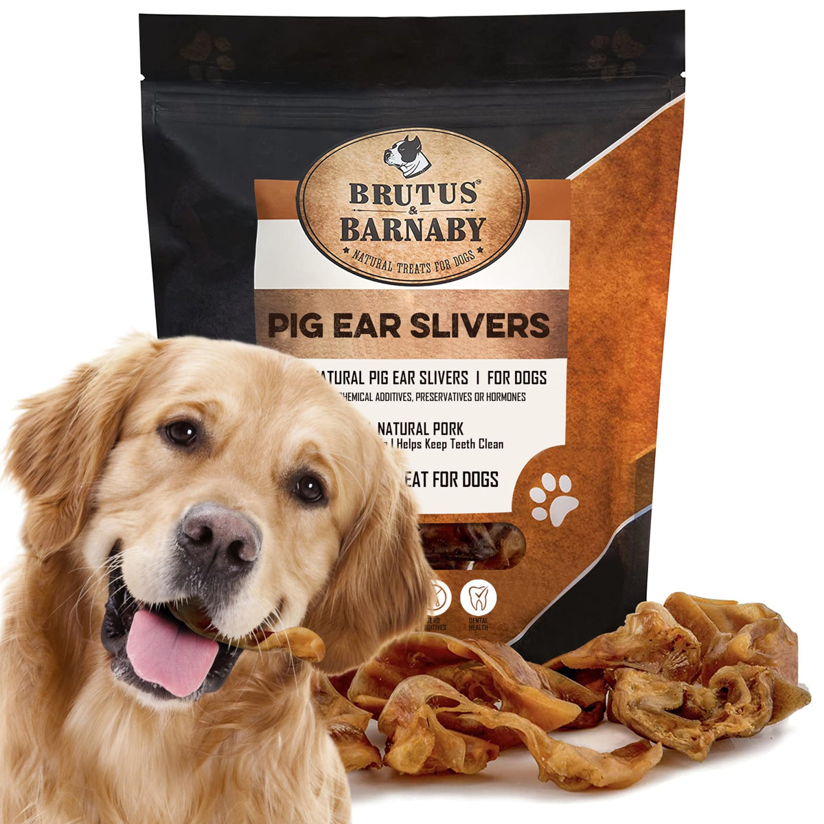 BRUTUS & BARNABY Pig Ear Slivers - Thick Cut, All Natural Dog Treat, Healthy Pure Pork Ear, Easily Digested, Best Gift for Large & Small Dogs (1 lb)
