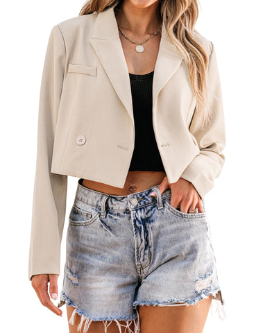 luvamia Womens Fashion Lapel Cropped Blazers for Women Business Casual Open Front Womens Blazers Crop Jacket Business Casual Outfits for Women Beige Size Large Fits Size 12 / Size 14
