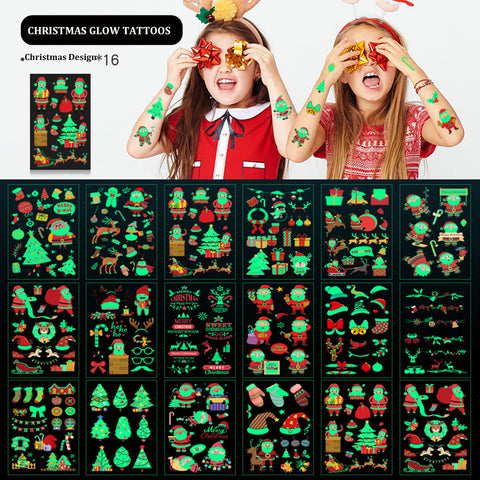 Christmas Temporary Tattoos for Kids, 260PCS Luminous Tattoos Xmas Waterproof Body Stickers, Glow in the Dark Santa Claus Face Fake Tattoo, Cute Holiday Party Favor Supplies Decorations for Adults