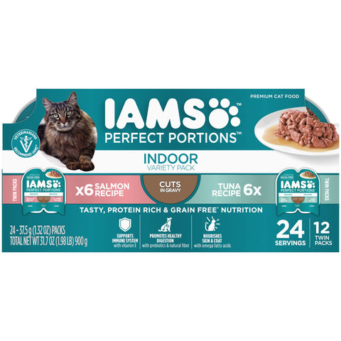 IAMS PERFECT PORTIONS Indoor Adult Grain Free Wet Cat Food Cuts in Gravy Variety Pack, Tuna Recipe and Salmon Recipe, (12) 2.6 oz. Easy Peel Twin-Pack Trays