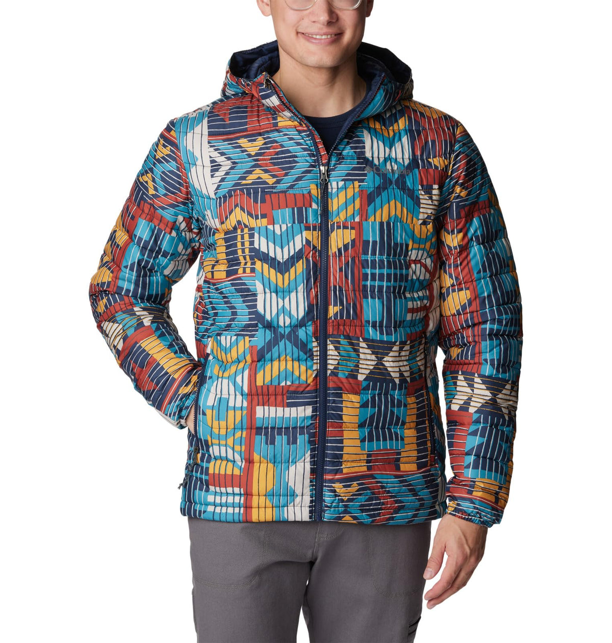 Columbia Men's Powder Lite Hooded Jacket, Warp Red Pathways Print, Medium