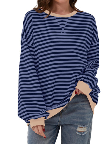 TERIVEEK Women Oversized Striped Color Block Long Sleeve Crew Neck Sweatshirt Casual Loose Pullover Y2K Shirt Top Blue